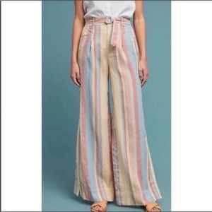 Anthropologie Beachy Striped Linen Belted Wide Leg Flowy Pants Womens Size 2